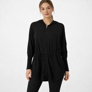 Ann Taylor LOFT Black Full Zip Knit Hoodie Cardigan Drawstring Waist Size S